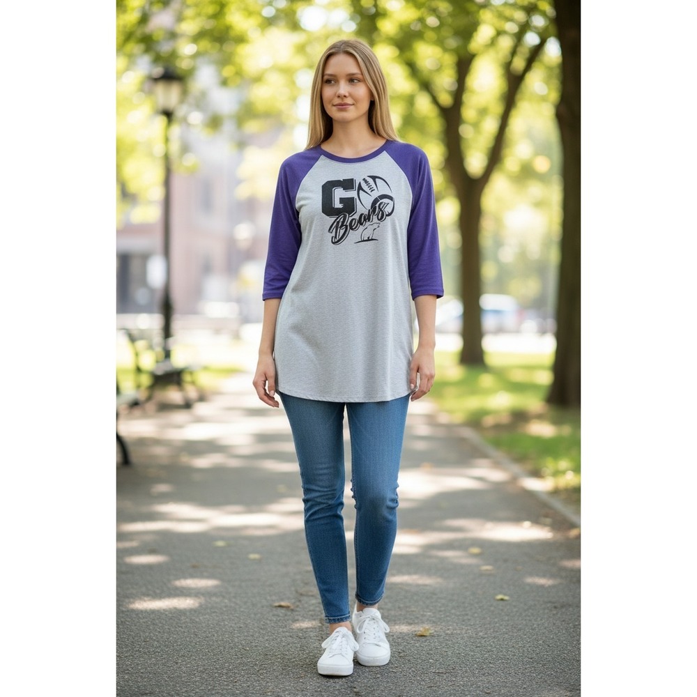 GO Bears Women's XL Raglan‎ T-Shirt Purple Gray 3/4 Sleeve Football Graphic Tee